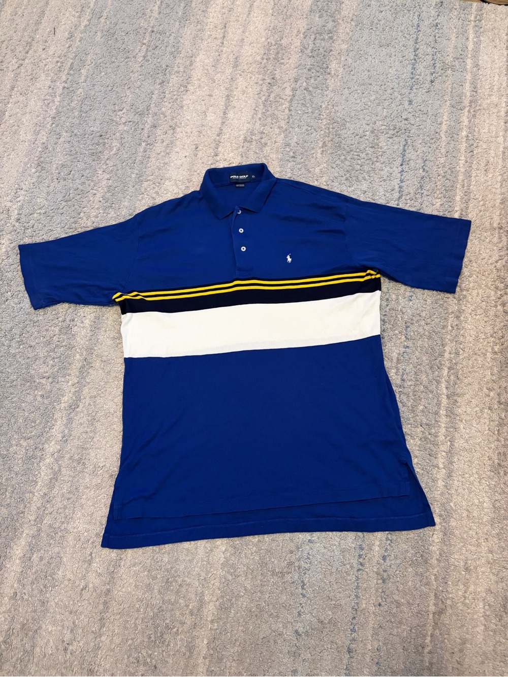 Vintage Polo Golf Ralph Lauren Mens XL Blue Colorblock Stripe Polo Shirt Cotton